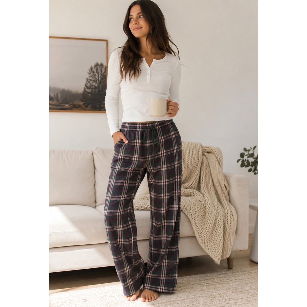 Pact Organic Cotton Plaid Lounge Fireside Flannel Pants Wide Leg Small